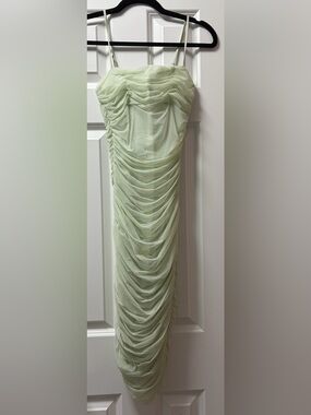 Babaton Light Green Ruched Midi Dress